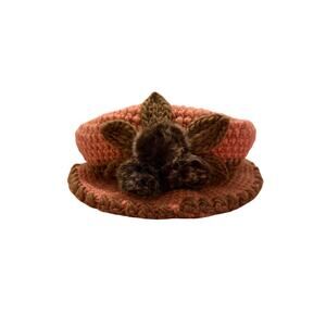 Women's Red Brown Floral Circle Faux Fur Crochet Hat